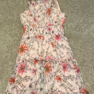 Promesa Floral Pink Sleeveless Smocked Mini Dress w. Tie Shoulder Straps Size S